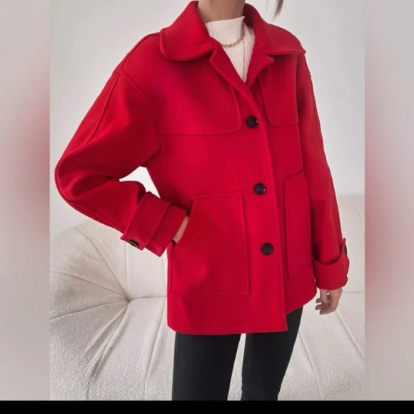 Red Button Front Coat - Picture 2 of 6